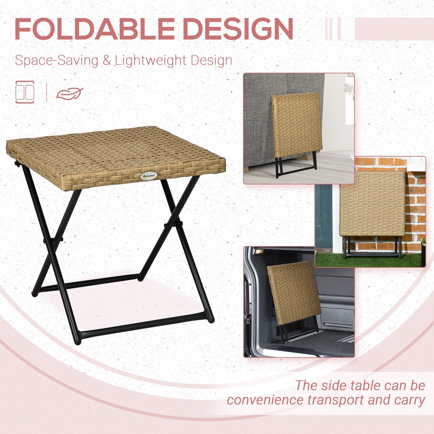 Space-saving Folding Garden Table in Synthetic Rattan and Steel, 40x40x40cm, Wicker Color