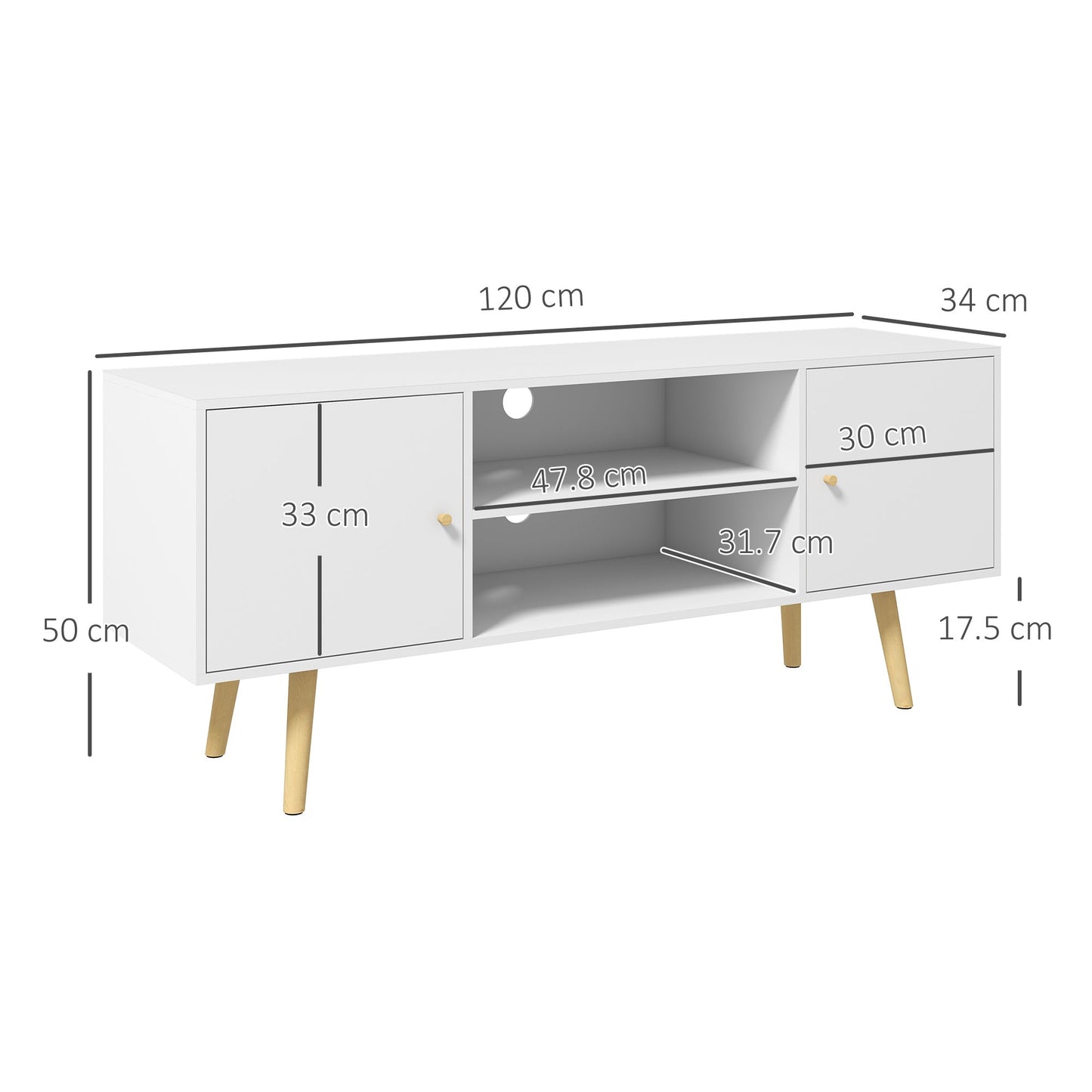 55" max TV Stand with 2 Cabinets and 2 Open Shelves, in Wood and Chipboard, 120x34x50 cm, White