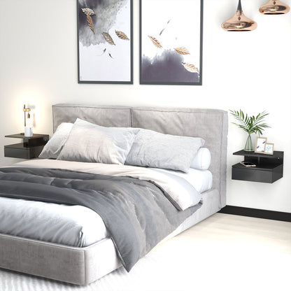 Set of 2 Modern Floating Bedside Tables with Drawer and Wooden Shelf 35x32x22.5cm, Glossy Black