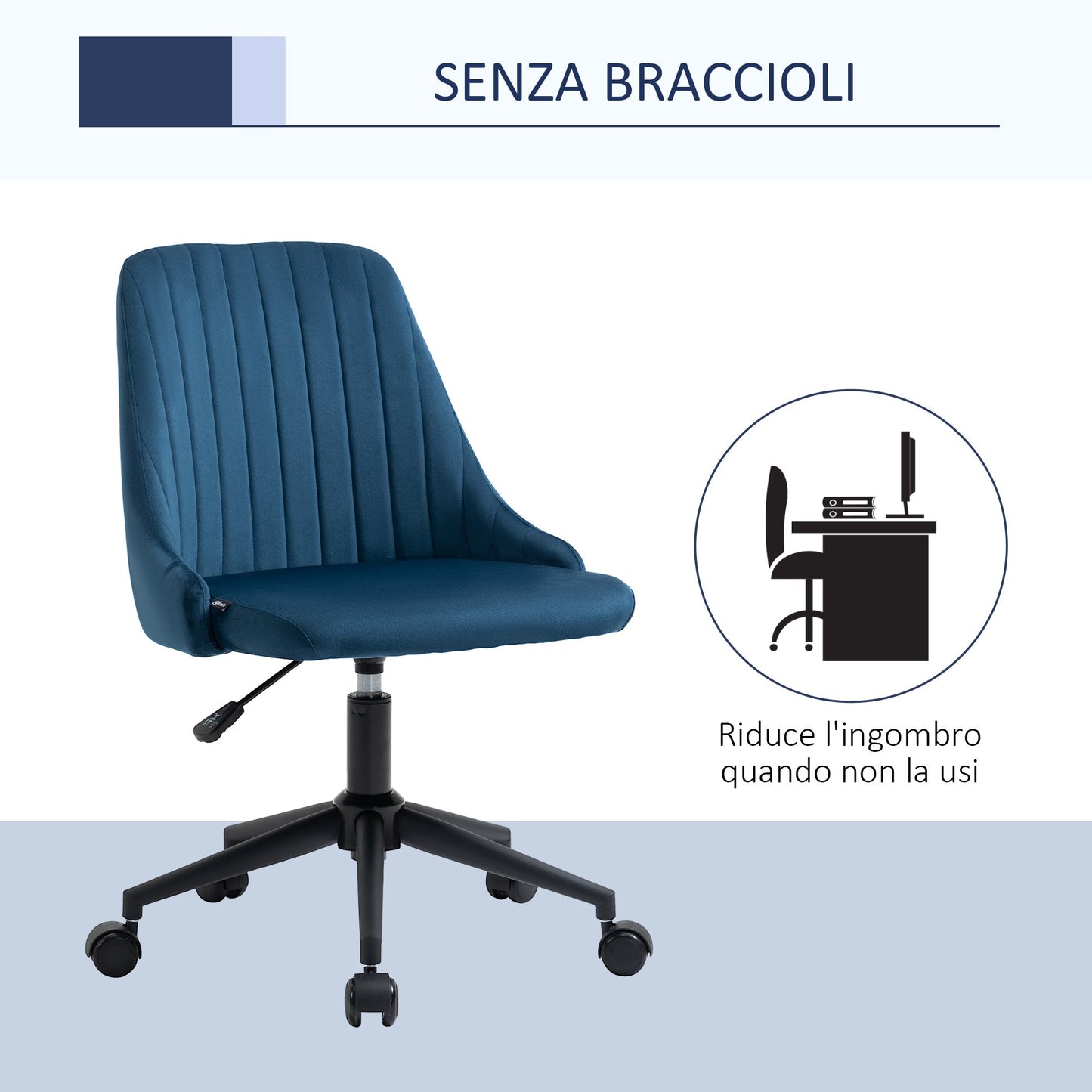 Blue Velvet Office Chair with Adjustable Height, Ergonomic 360° Swivel Chair with Wheels, 50x58x77-87cm