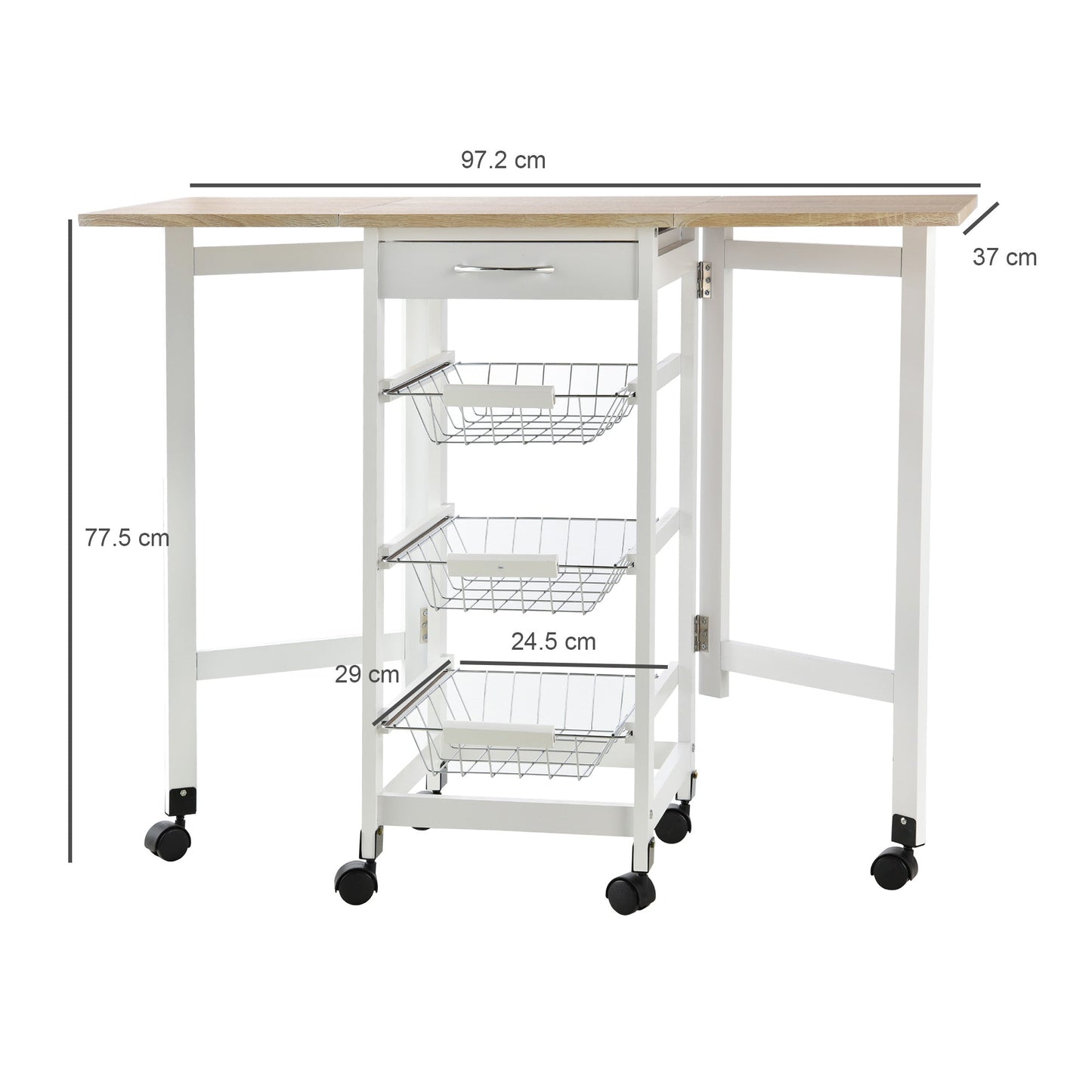 Kitchen Trolley with 3 Baskets, Drawer and Flaps, 6 Swivel Wheels, in MDF and Metal, 37x37x77.5cm, White and Wood
