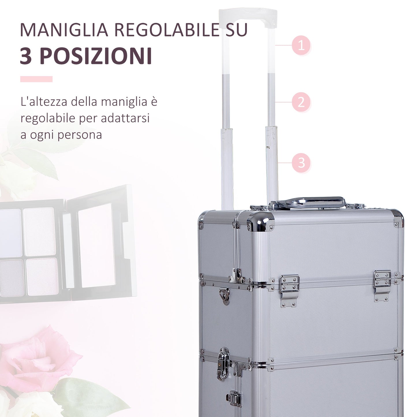 Beauty Case with 3-Level Adjustable Handle and Wheels, Professional Makeup Trolley for Make Up in Aluminum, 35.5x23x105 cm, Silver