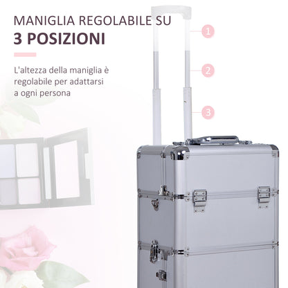 Beauty Case with 3-Level Adjustable Handle and Wheels, Professional Makeup Trolley for Make Up in Aluminum, 35.5x23x105 cm, Silver