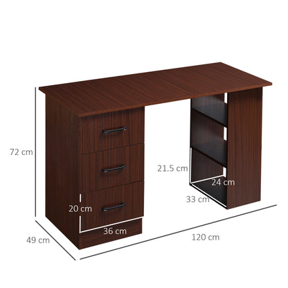 Office Desk with 3 Drawers and 3 Reversible Wooden Shelves, 120x49x72cm, Walnut