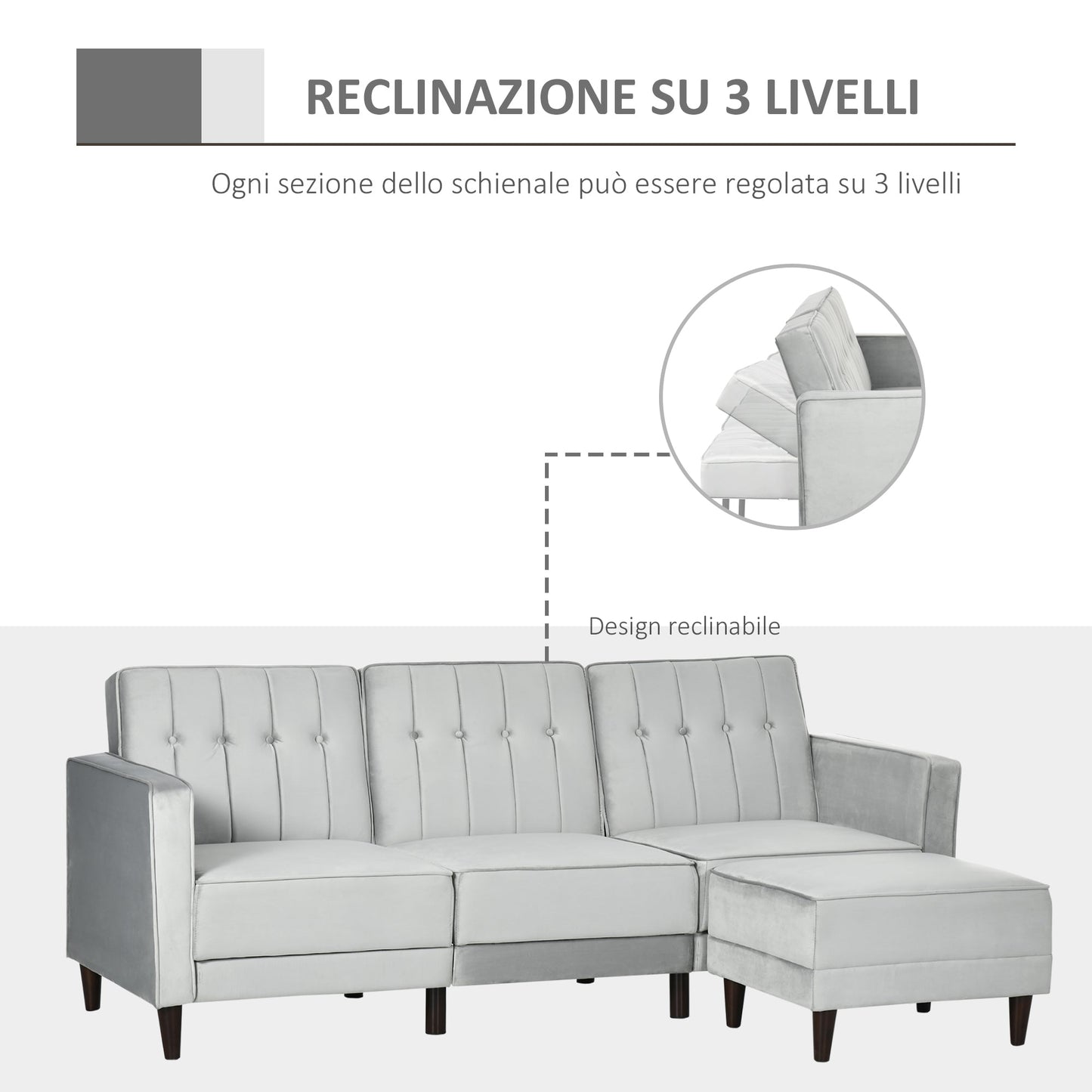 sofa bed 3 seats with footrest and reclining back, velvet coating and padded seat, 218x85x86 cm, light Grey