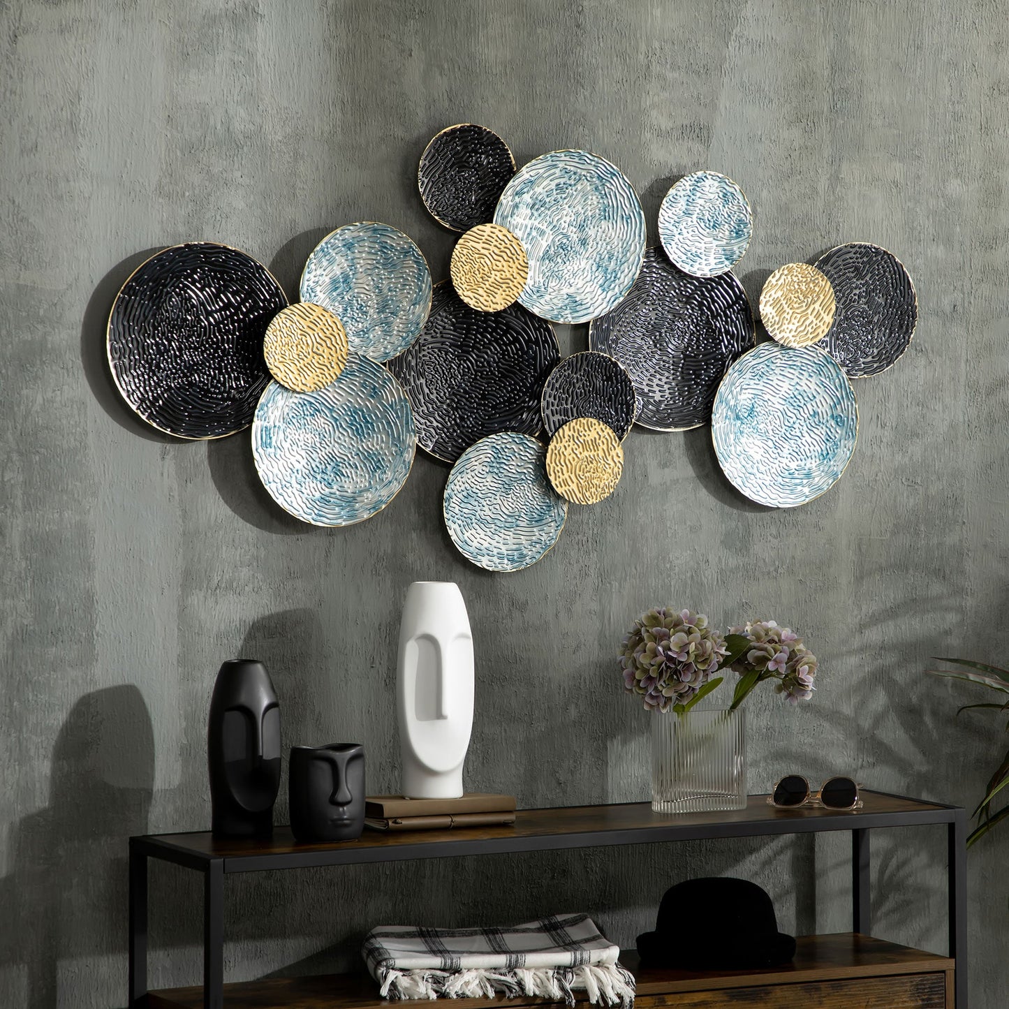 3D Metal Wall Decoration, Circle Wall Art 133x66cm, Blue, Black and Gold
