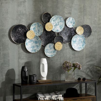 3D Metal Wall Decoration, Circle Wall Art 133x66cm, Blue, Black and Gold