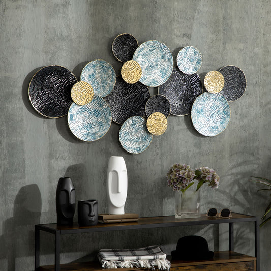 3D Metal Wall Decoration, Circle Wall Art 133x66cm, Blue, Black and Gold