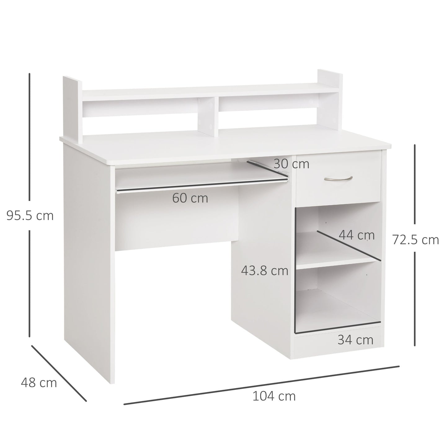 compact desk for white wooden computers with removable keyboard shelf and shelves 104 x 48 x 95.5cm