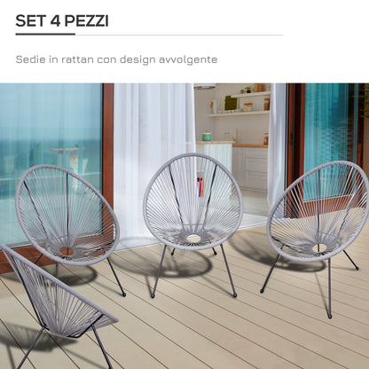 Set of 4 Oval Garden Chairs in PE Rattan and Metal in Boho Chic Style, Light Grey