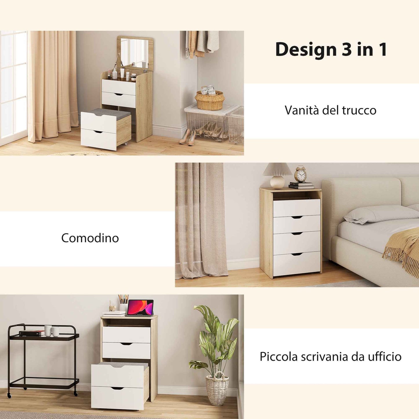 3-in-1 Dressing Table with Mirror, Storage, 2 Drawers and Stool, Wooden, 50x40x78 cm, White and Oak