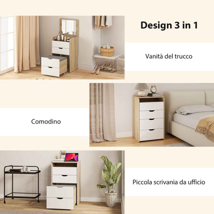 3-in-1 Dressing Table with Mirror, Storage, 2 Drawers and Stool, Wooden, 50x40x78 cm, White and Oak