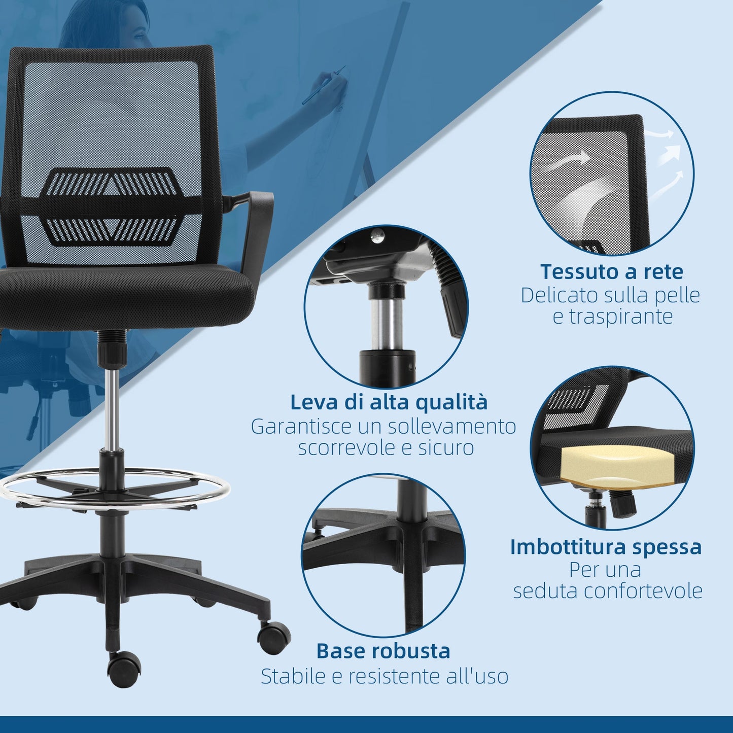 Adjustable Mesh Office Chair with Armrests and Footrest Ring, 64x59x104-124 cm, Black