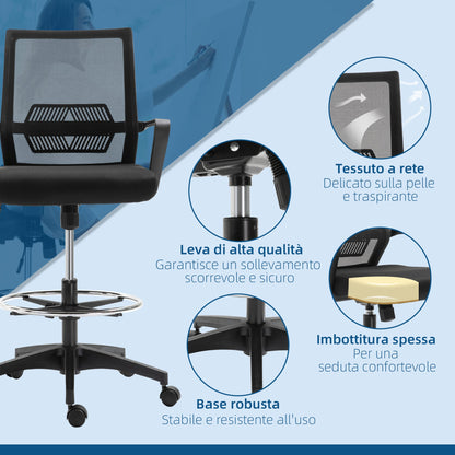 Adjustable Mesh Office Chair with Armrests and Footrest Ring, 64x59x104-124 cm, Black