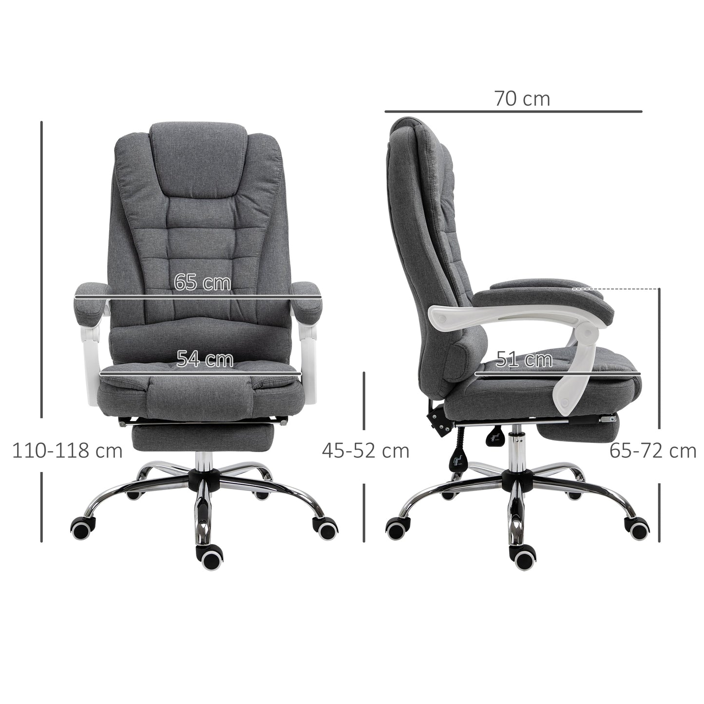 Reclining Office Chair with Retractable Footrest and High Back in Fabric, Grey