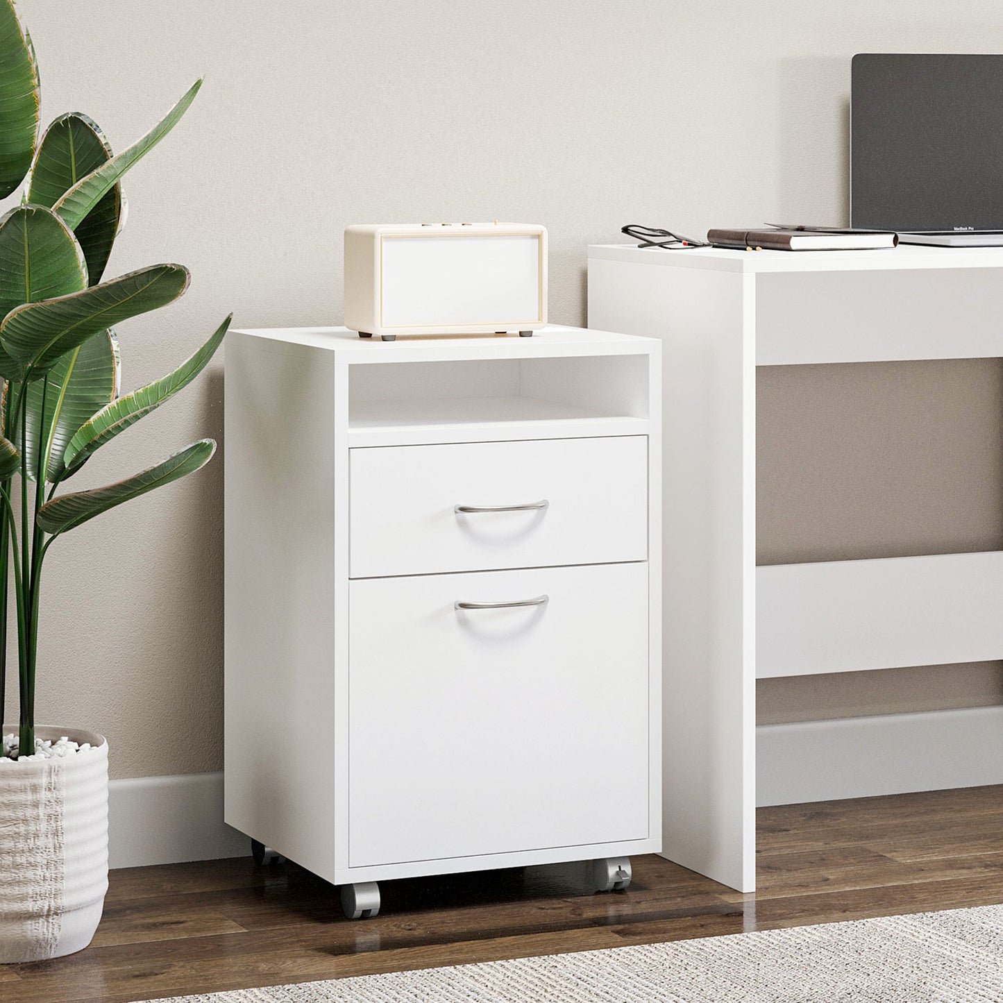 4-Wheel Office File Cabinet with Open Shelf and 2 Drawers, Wood and Metal Office Storage Unit, 40x35x60 cm, White