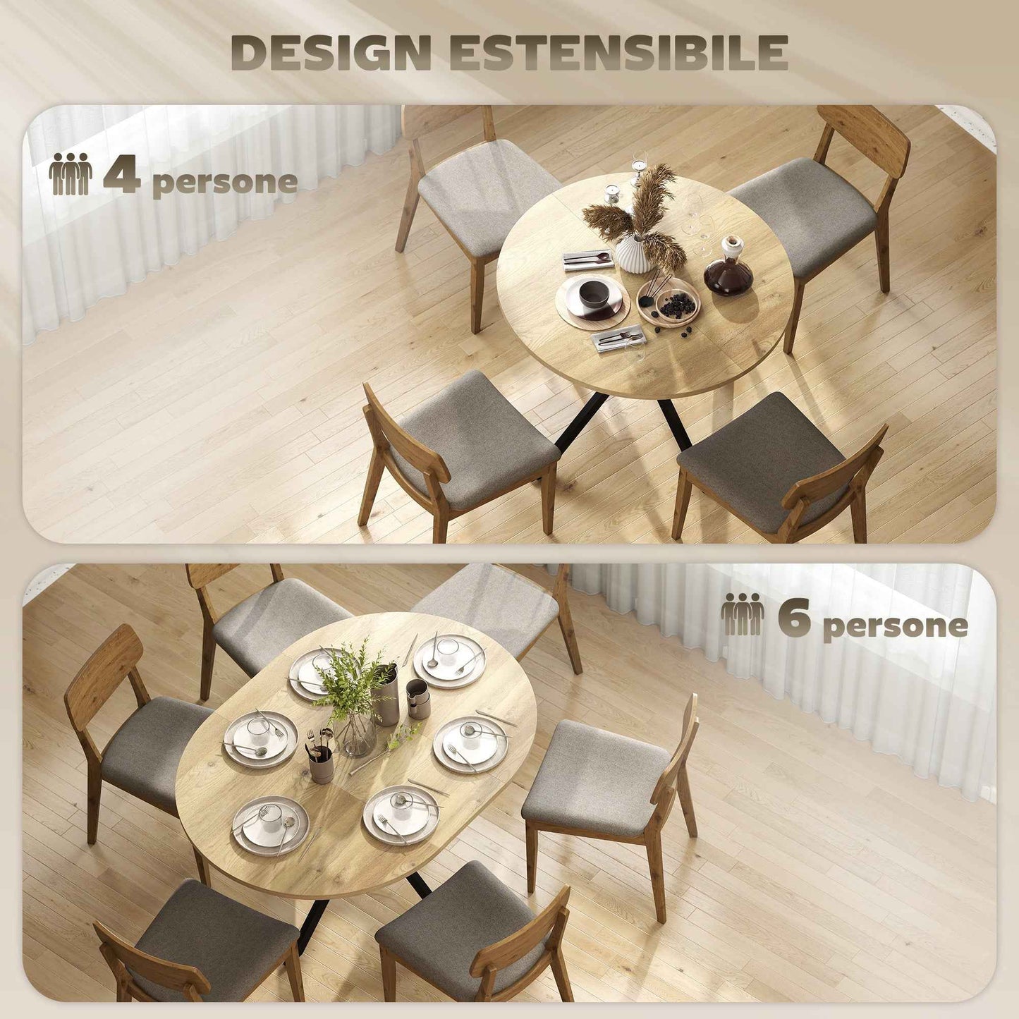 Industrial Dining Table for 4-6 People with Round Drop-Leaf Top, in Wood and Steel, 135x100x75 cm