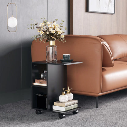 C-Shaped Coffee Table with 2 Open Shelves and 4 Swivel Wheels, 45x35x58 cm, Black