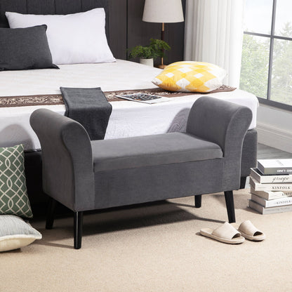 Velvet Fabric Upholstered Storage Bench for Bedroom with Armrests, 111.5x41x65cm - Grey