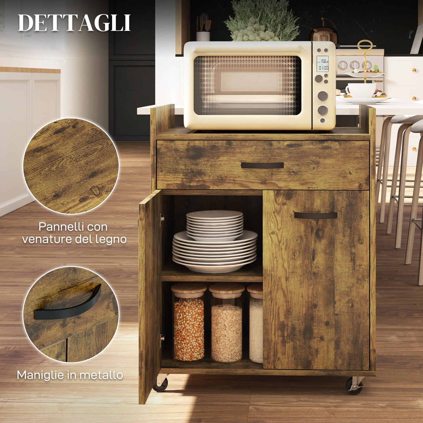 Kitchen Trolley with Drawer, Cabinet and 4 Wooden Wheels, 60x40x77cm, Rustic Brown