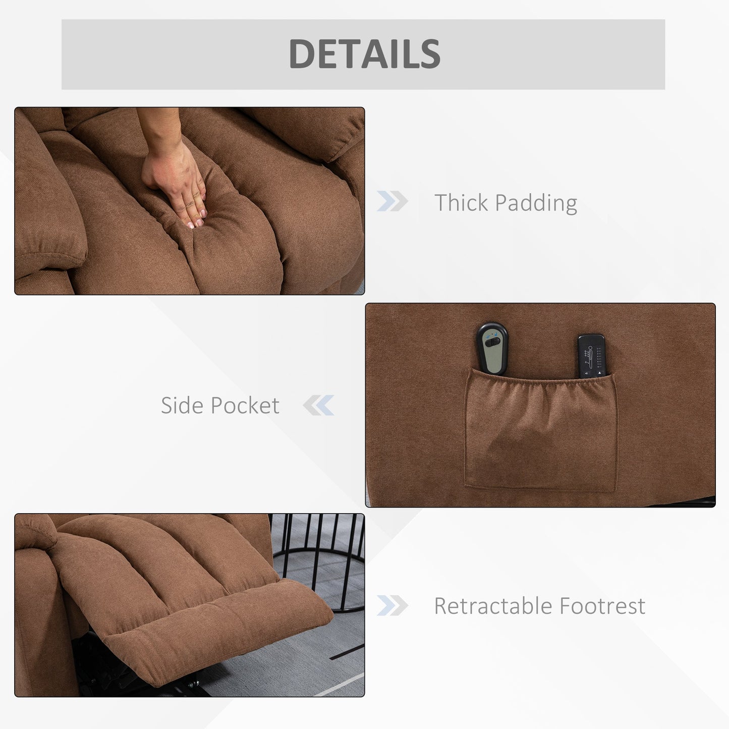 Lift Relax Chair with Remote Control, Massaging and Reclining in Fabric, Brown