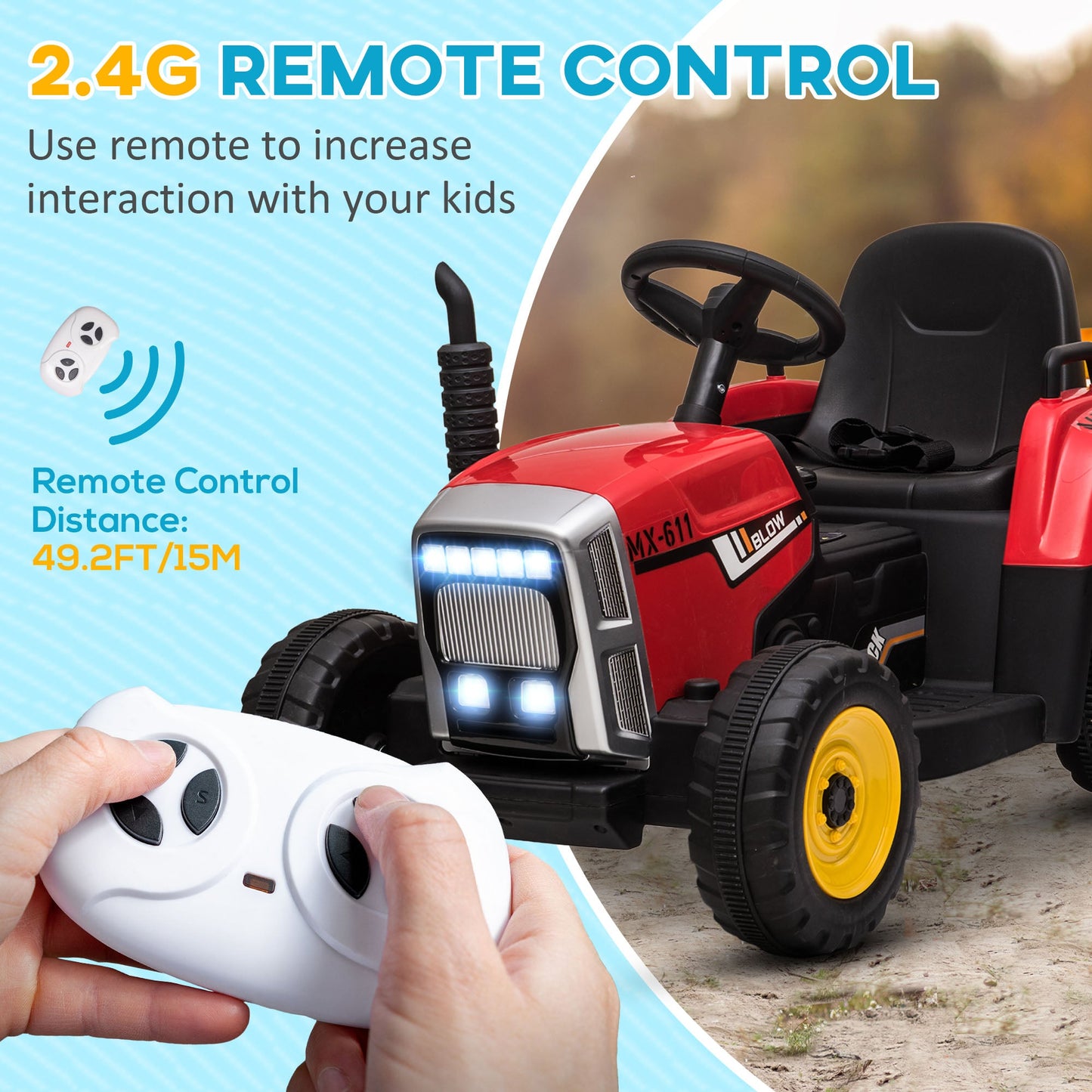 Electric Tractor for Children 3-6 Years with Removable Trailer, 12V Battery and Remote Control, Red