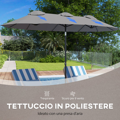 Double Umbrella Tiltable at 45° with Crank and Air Vents, in Steel and Polyester, 285x147x227 cm, Gray
