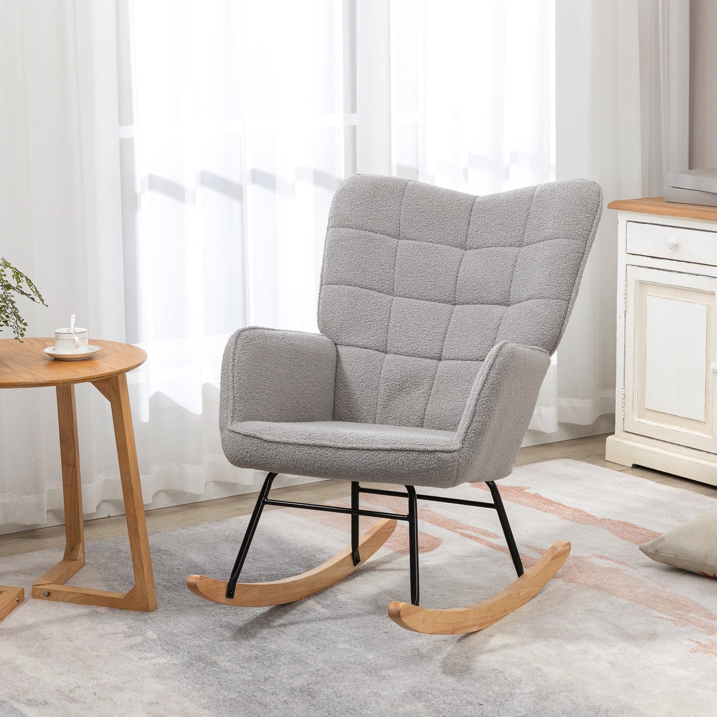 Upholstered Rocking Chair in Wood and Steel with Bouclé Upholstery, 71x98x101 cm, Grey