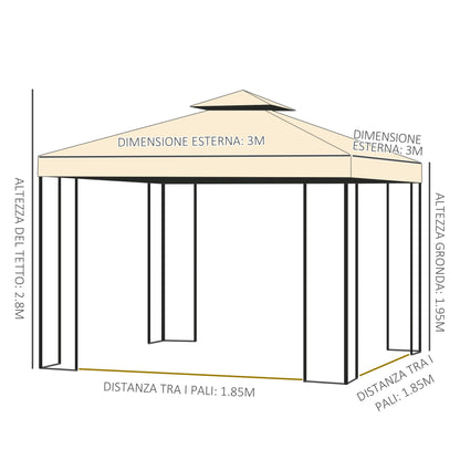 Garden Gazebo 3x3m with Mosquito Net, Steel Frame and Double Roof, Beige