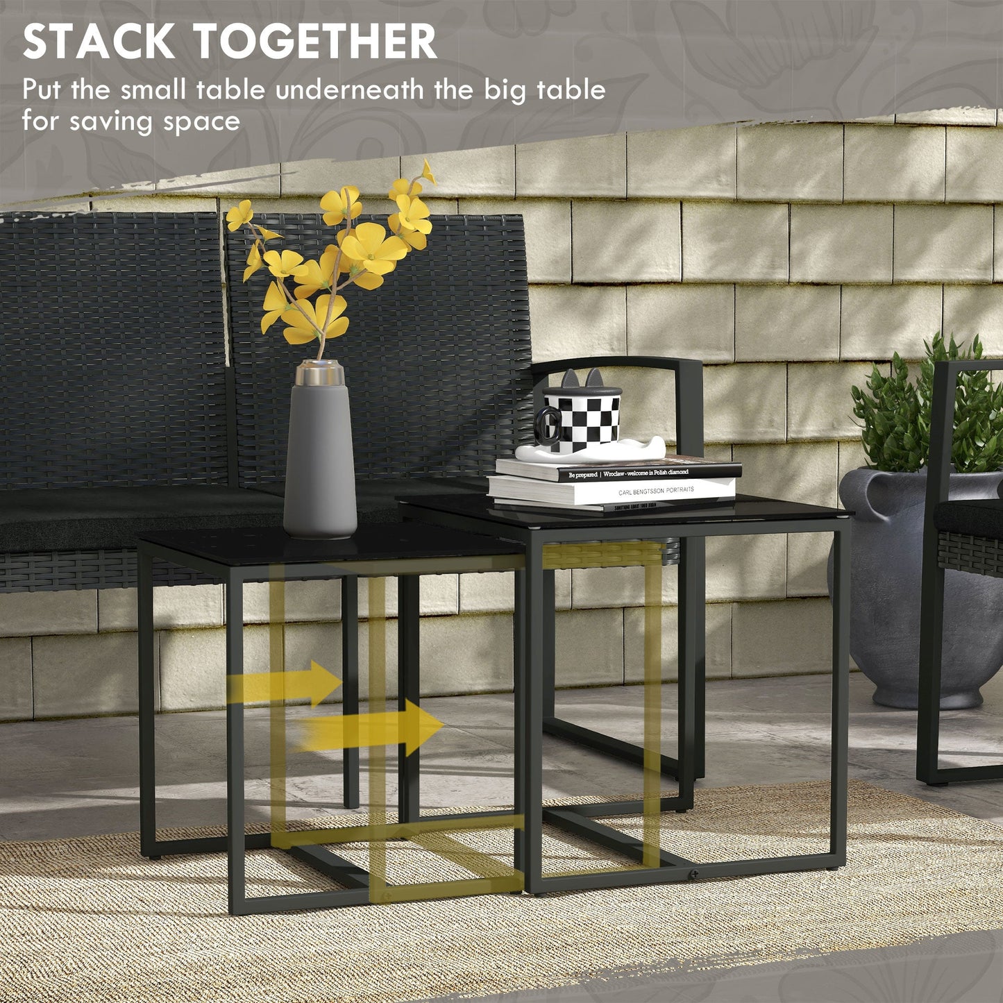 Garden Set with 2 Chairs, Sofa and 2 Coffee Tables with Cushions and Glass Top, Black
