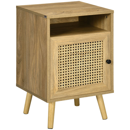 Boho Style Bedroom Bedside Table with Cabinet and Open Shelf in Wood and Rattan, 39x35x60 cm