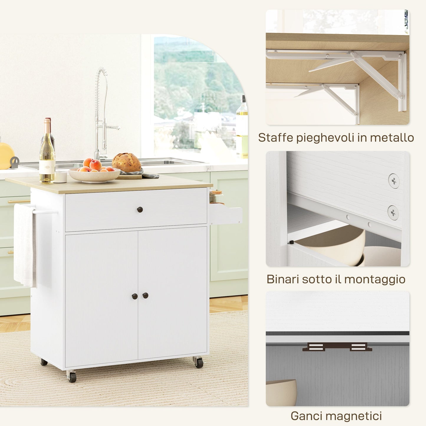 Kitchen Island with Drawer, Cabinet, Spice Rack and Towel Holder, 106x42x87 cm, White and Oak