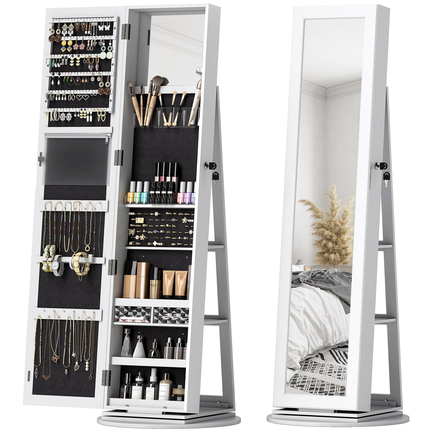 3-in-1 360° Swivel Jewelry Mirror, Rear Shelves and Lockable Door, 55x55x161 cm, White