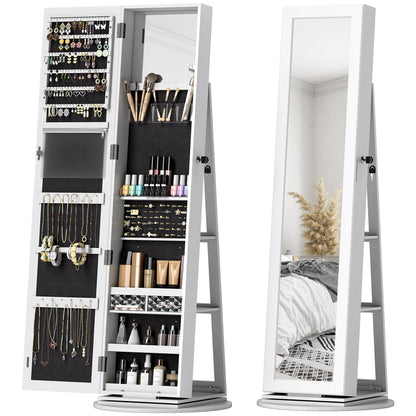 3-in-1 360° Swivel Jewelry Mirror, Rear Shelves and Lockable Door, 55x55x161 cm, White