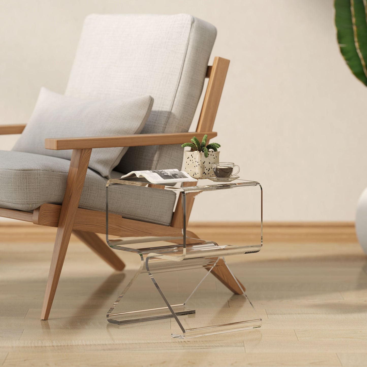 2-Tier Geometric Acrylic Coffee Table with Triangular Legs, 40x30x45cm, Transparent