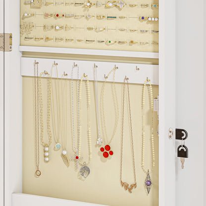 Wall-Mounted Mirrored Jewelry Cabinet with 2 Security Keys, Wooden, 36.5 x 9.5 x 67 cm, White