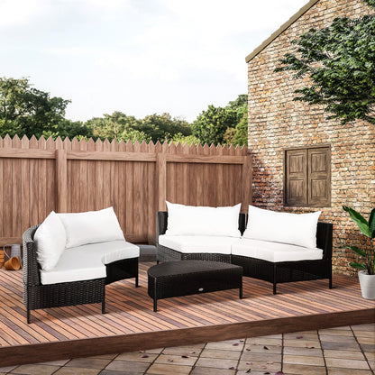 5-Piece Rattan Outdoor Sofa Set with Ottoman, Black and White Garden Lounge Set, 96cm x 68cm x 65cm