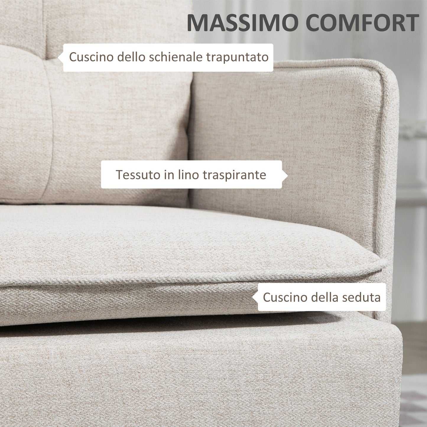 2-Seater Sofa in Linen Effect Fabric with Steel Legs and Padded Cushions, 139x68x80 cm, Cream White