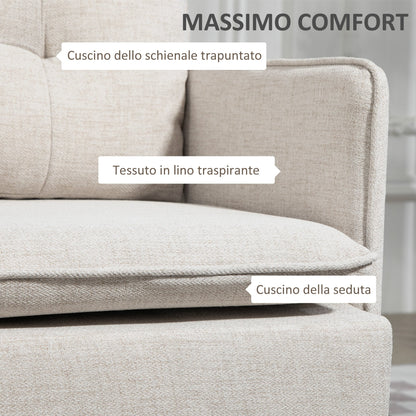 2-Seater Sofa in Linen Effect Fabric with Steel Legs and Padded Cushions, 139x68x80 cm, Cream White