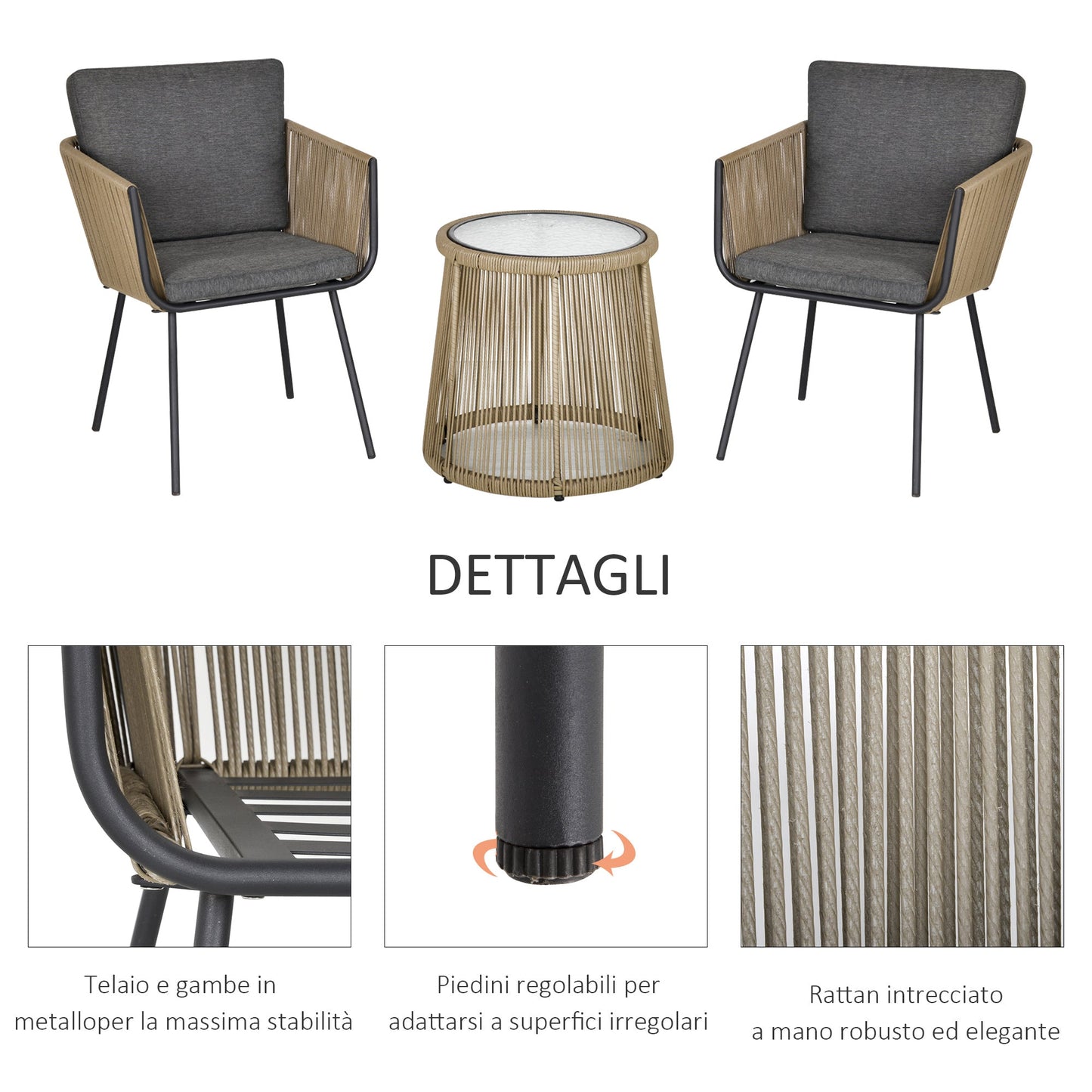 Set of 2 Outdoor Chairs with Table in PE Rattan Boho Style, Khaki and Grey