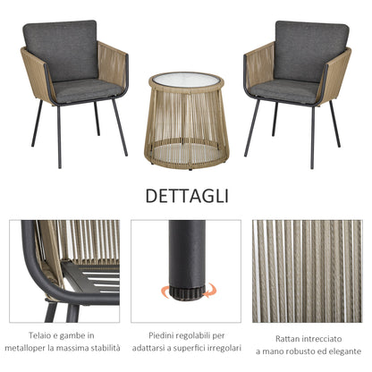 Set of 2 Outdoor Chairs with Table in PE Rattan Boho Style, Khaki and Grey