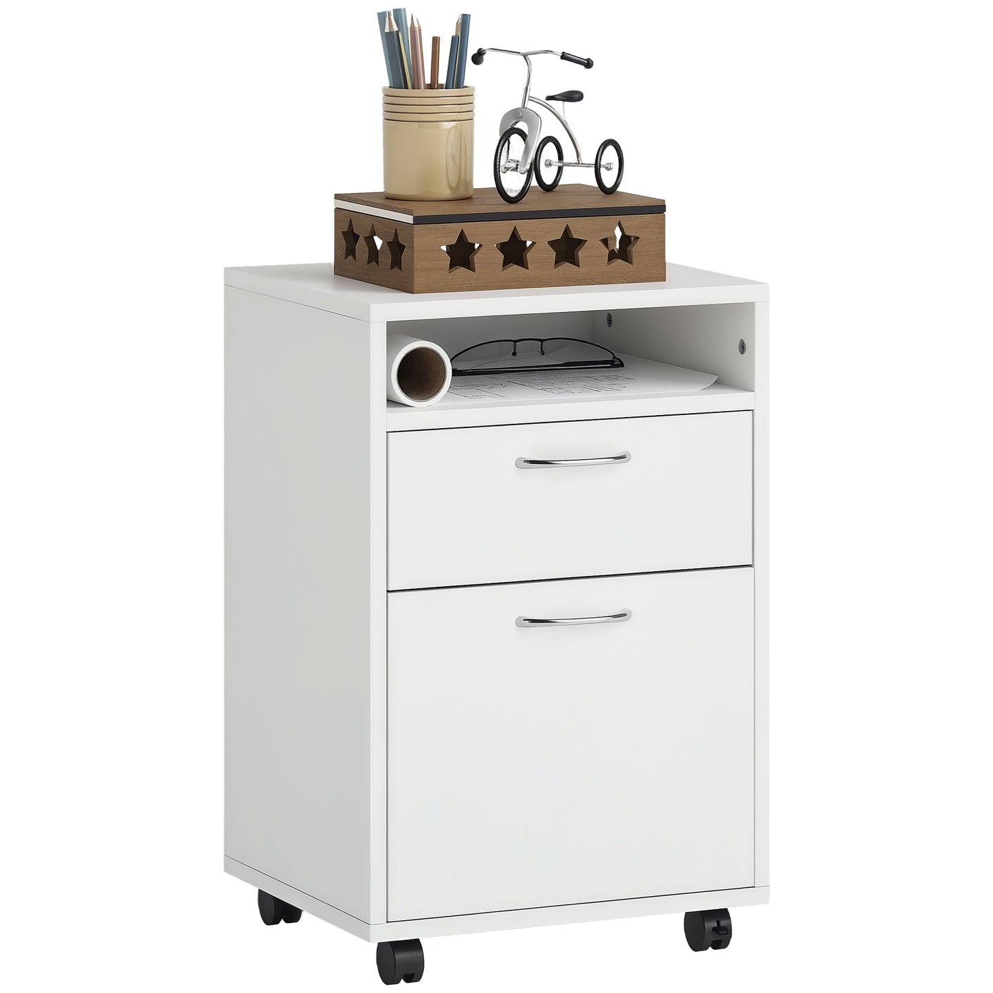 4-Wheel Office File Cabinet with Open Shelf and 2 Drawers, Wood and Metal Office Storage Unit, 40x35x60 cm, White