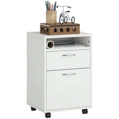 4-Wheel Office File Cabinet with Open Shelf and 2 Drawers, Wood and Metal Office Storage Unit, 40x35x60 cm, White
