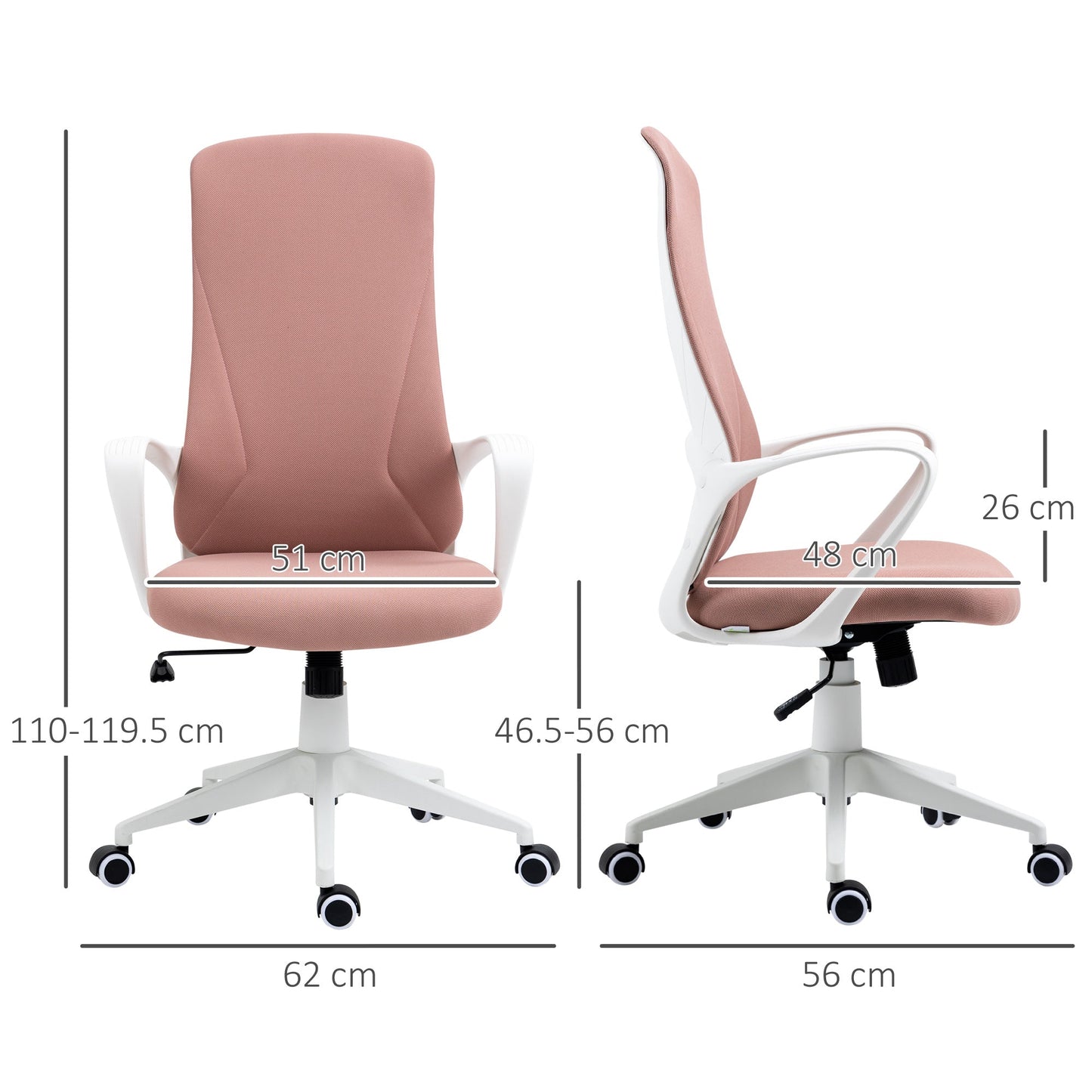 Ergonomic and Padded Office Chair with Adjustable Height and Rocking, 62x56x110-119.5 cm, Pink