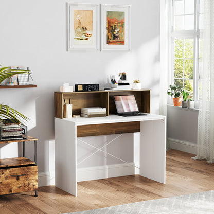Modern PC Desk with Raised Top and 2 Shelves, in Chipboard, 110x50x102.6 cm, White, Brown and Walnut