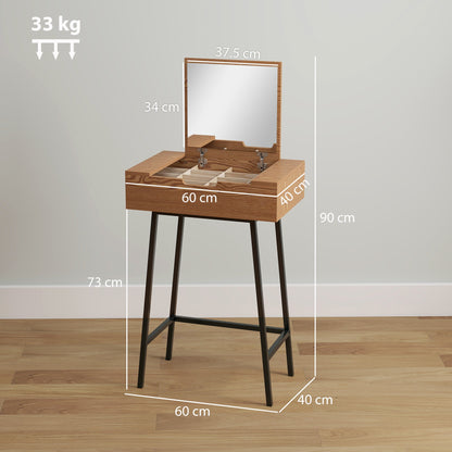 Industrial Style Vanity Table with Folding Mirror and 16 Compartments, Wood and Steel, 60x40x90 cm