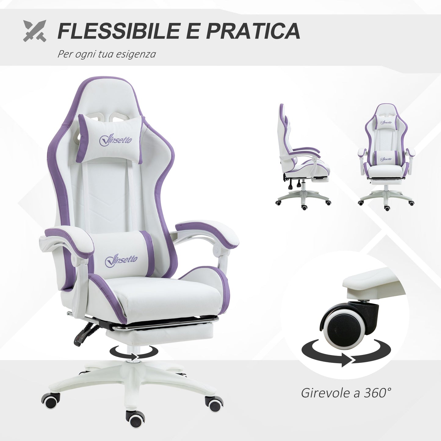 Gaming Chair with Adjustable Height and Reclining Backrest, 65x65x121-129 cm, White and Purple