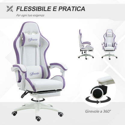 Gaming Chair with Adjustable Height and Reclining Backrest, 65x65x121-129 cm, White and Purple