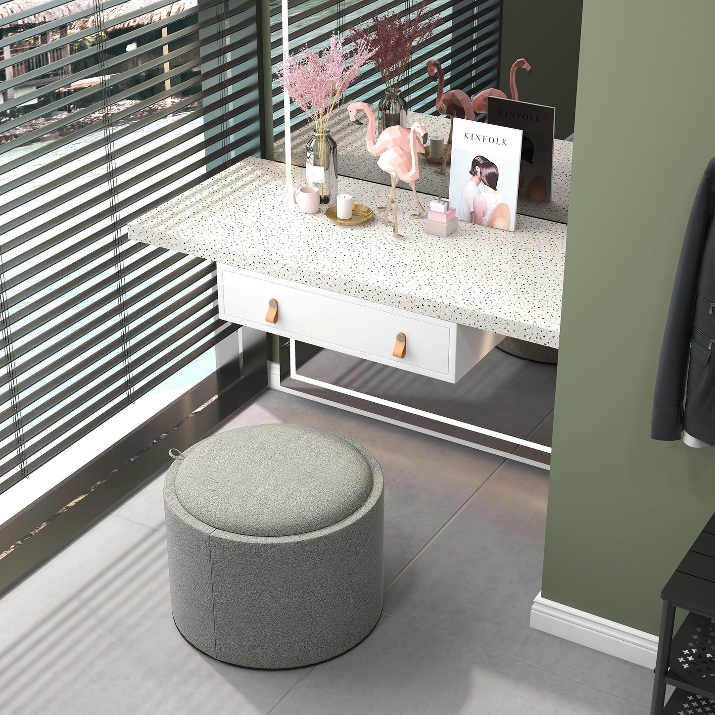 Linen Effect Storage Ottoman, 120 kg max, with Flip-Top Tray, in MDF, 56x56x42 cm, Grey