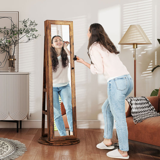 360° Swivel Floor-Standing Jewelry Mirror with Shelves and Key Lock, 55x55x161 cm, Rustic Brown